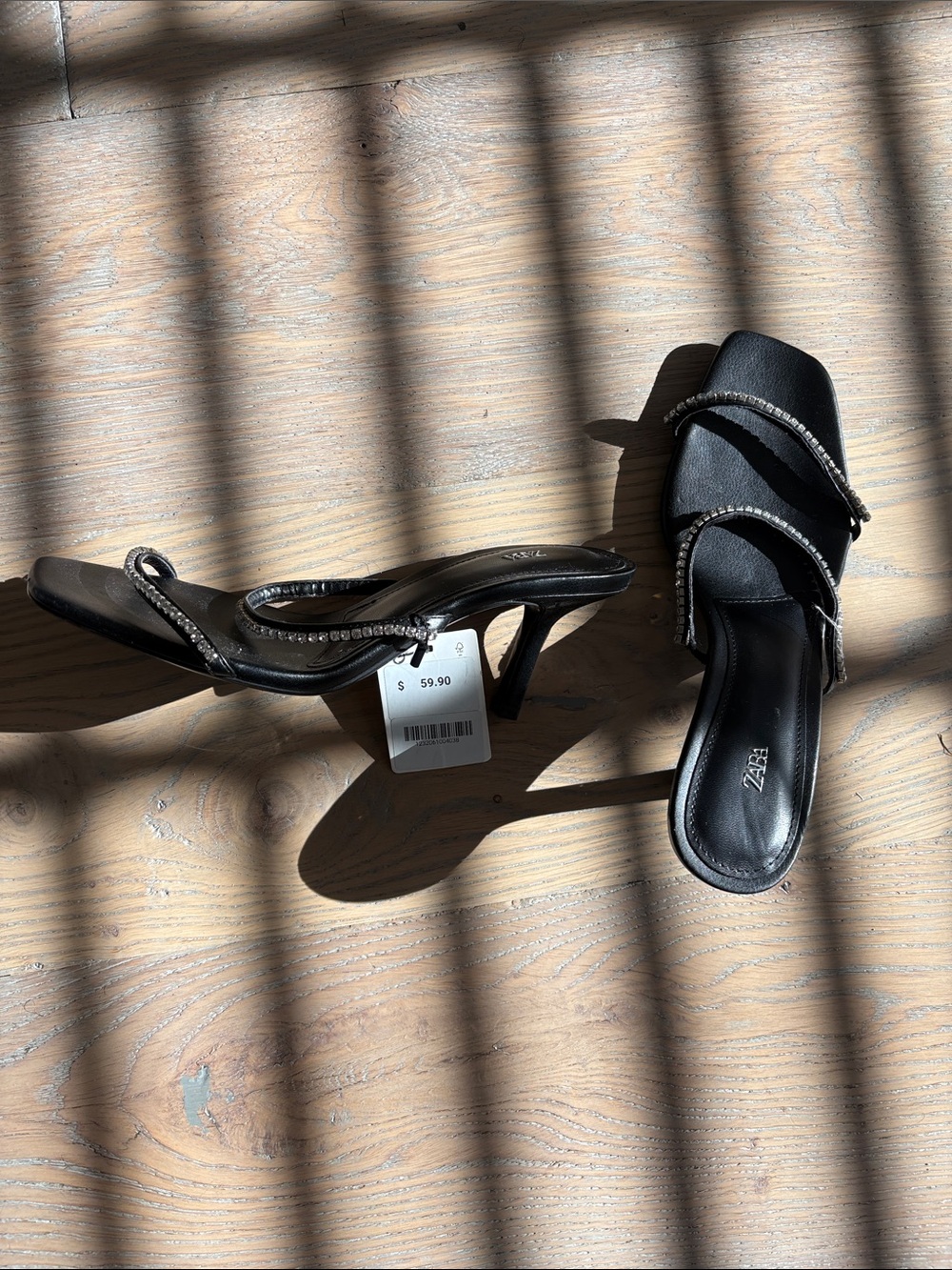 Zara Black Rhinestone-Trim Slip-On Heeled Mules